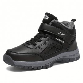 Men's Water Repellent Snow Boots With Hook And Loop Fastener, Winter Thermal Shoes, Windproof Hiking Boots With Fuzzy Lining