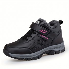 Men's Water Repellent Snow Boots With Hook And Loop Fastener, Winter Thermal Shoes, Windproof Hiking Boots With Fuzzy Lining