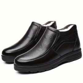 Men's Genuine Leather Casual Ankle Boots, Waterproof Wear-resistant Non-slip Slip On Walking Shoes With Fuzzy Lining For Outdoor, Autumn And Winter