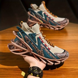 PLUS SIZE Men's Knit Breathable Blade Type Running Shoes With Shock Absorption, Comfy Non Slip Lace Up Sneakers For Men's Outdoor Activities