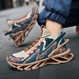 PLUS SIZE Men's Knit Breathable Blade Type Running Shoes With Shock Absorption, Comfy Non Slip Lace Up Sneakers For Men's Outdoor Activities