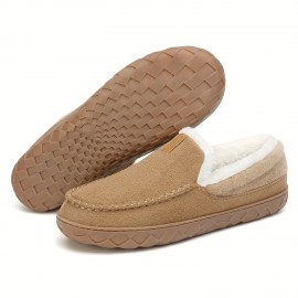 Men's Solid Color Fuzz Lines Loafers, Breathable Lightweight Anti-skid Slip On Casual Shoes With Suede Uppers For Indoor Walking, Autumn And Winter