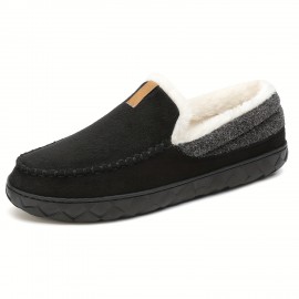Men's Solid Color Fuzz Lines Loafers, Breathable Lightweight Anti-skid Slip On Casual Shoes With Suede Uppers For Indoor Walking, Autumn And Winter