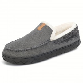 Men's Solid Color Fuzz Lines Loafers, Breathable Lightweight Anti-skid Slip On Casual Shoes With Suede Uppers For Indoor Walking, Autumn And Winter